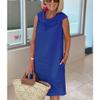 Women Cotton Linen Shift Dress Solid Color Loose Fit Casual Summer Elegant Turltneck Linen Tank Dresses Sleeveless Petite Midi Length A Line Dress with Pockets, Blue view 2