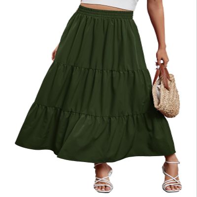 Arolina Maxi Skirt for Women Summer Boho Elastic High Waist Pleated A-Line Flowy Ruffle Swing Tiered Long Beach Skirt Dress Army Green