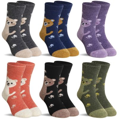 SeeyAN Kids Merino Wool Socks Boys Girls Hiking Boot Winter Thermal Warm Cozy Soft Toddler Thick Crew Socks 6 Pairs (6 Pairs Heel Bear, 4-7 Years)