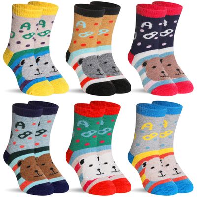Kids Merino Wool Socks Boys Girls Hiking Boot Winter Thermal Warm Cozy Soft Toddler Thick Crew Socks 6 Pairs (6 Pairs Dot Bear, 8-12 Years)