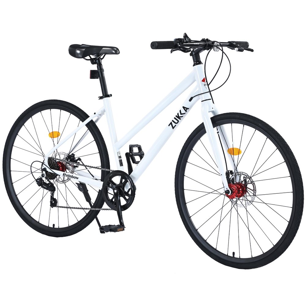 BALINGE 7 Speed Road Bike Hybrid Bike for Men and Women, 700C Wheels Racing Bicycle, Commuter Bicycle,City BicyclesDouble Disc Brakes,Commuting CycleWhite