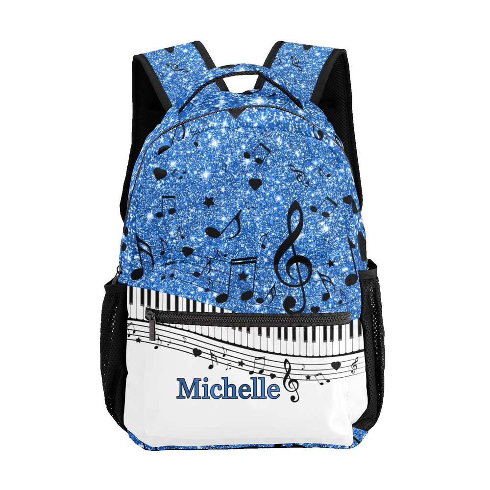 CUXWEOT Personalized Piano Music Notes Blue Print Waterproof School Backpack Custom Travel Bookbags for Gift