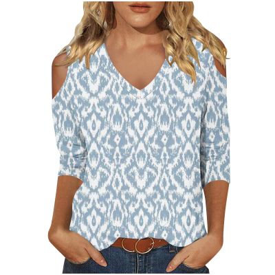 Women's 3/4 Sleeve Tops V Neck Cold Shoulder Loose Blouse Boho Floral Graphic Tees Womens Summer Tops Dressy Casual Light Blue