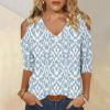 Women's 3/4 Sleeve Tops V Neck Cold Shoulder Loose Blouse Boho Floral Graphic Tees Womens Summer Tops Dressy Casual Light Blue view 2
