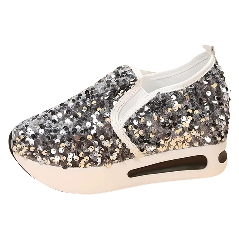 NineFit Basics Sparkly Bling Bedazzled Shiny Shoes for Women,Women's Sequins Platform Sneakers Casual Low Top Slip On Wedge Sports Shoes Fashion Walking Trainers  Silver, 7.5