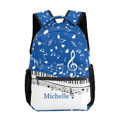 CUXWEOT Custom Piano Key Music Notes Blue School Backpack Personalized Shoulders Bookbags for Sports Party