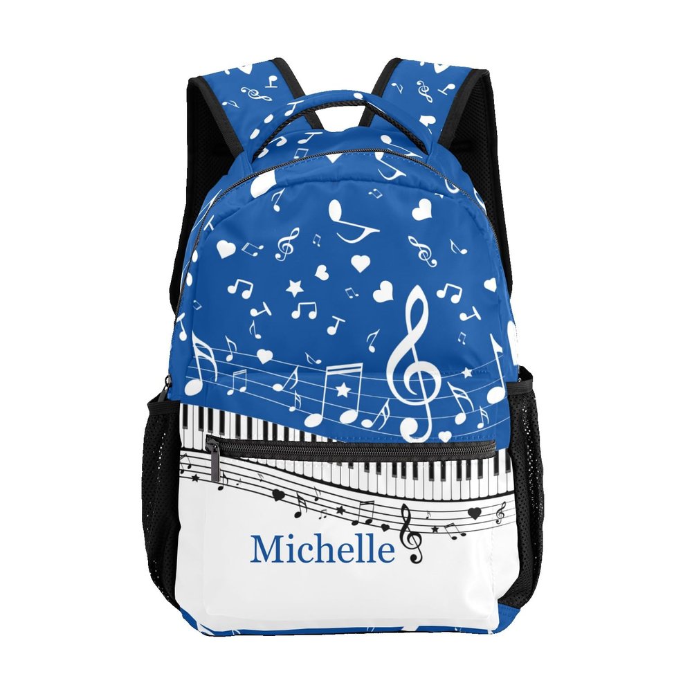 CUXWEOT Custom Piano Key Music Notes Blue School Backpack Personalized Shoulders Bookbags for Sports Party