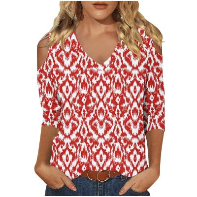 Women's 3/4 Sleeve Tops V Neck Cold Shoulder Loose Blouse Boho Floral Graphic Tees Womens Summer Tops Dressy Casual Red