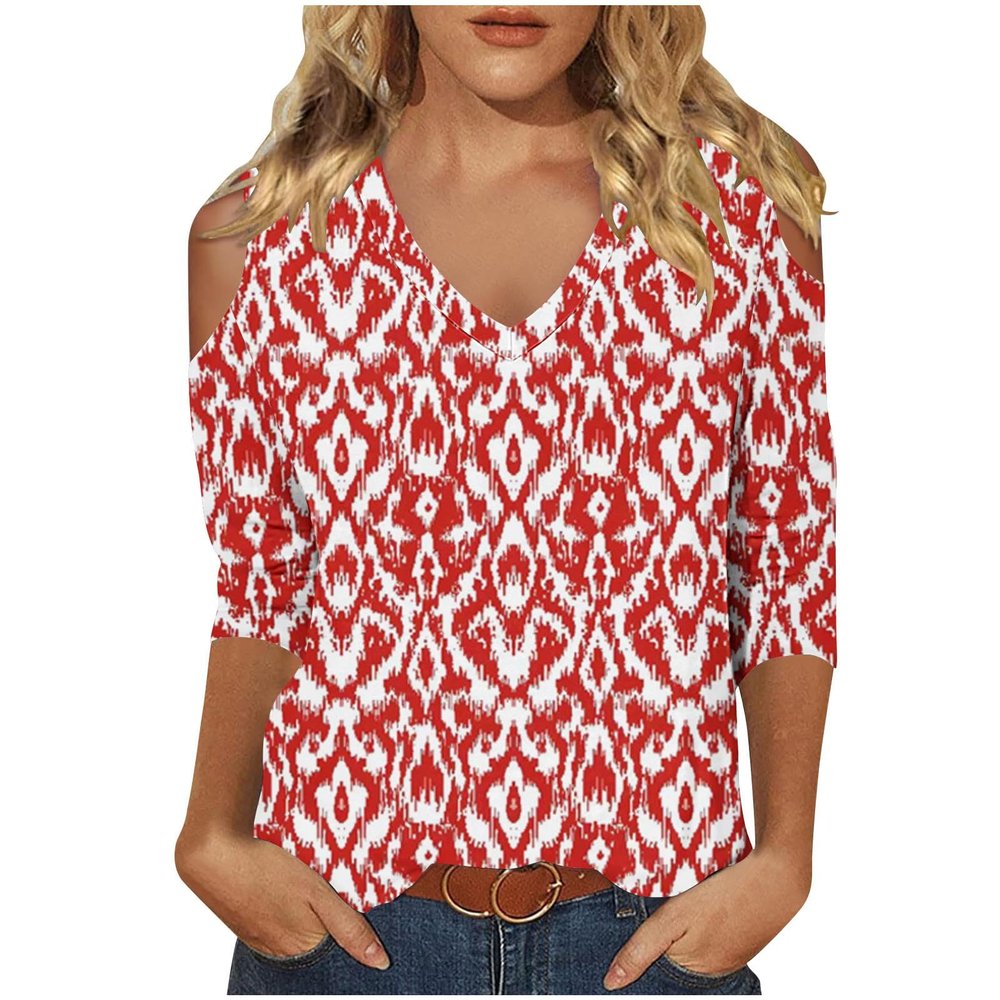 Women's 3/4 Sleeve Tops V Neck Cold Shoulder Loose Blouse Boho Floral Graphic Tees Womens Summer Tops Dressy Casual Red