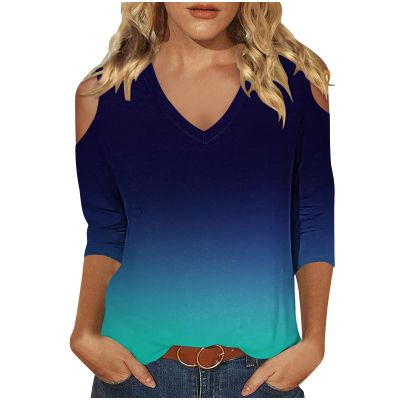 Womens 3/4 Sleeve Summer Tops V Neck Cold Shoulder Tops Gradient Color Print Shirts Womens Loose Summer Tops Navy