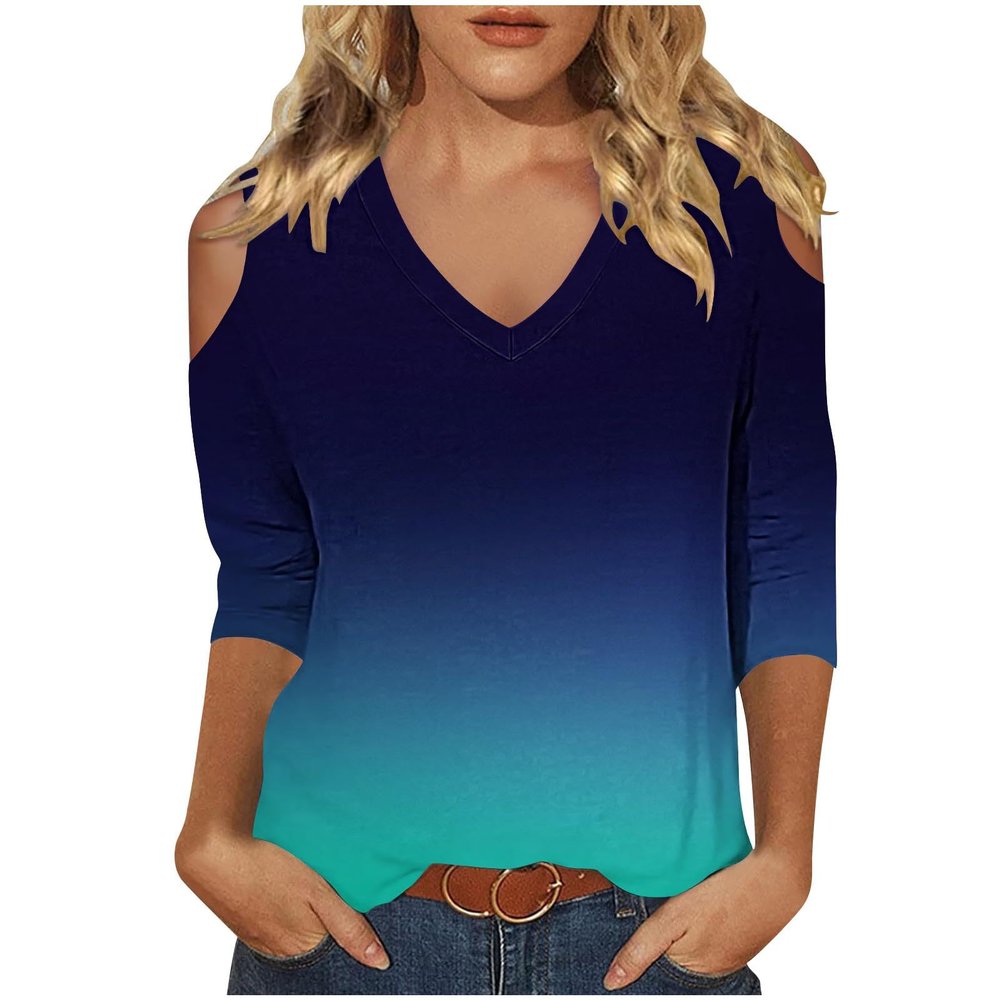 Womens 3/4 Sleeve Summer Tops V Neck Cold Shoulder Tops Gradient Color Print Shirts Womens Loose Summer Tops Navy