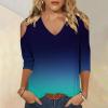 Womens 3/4 Sleeve Summer Tops V Neck Cold Shoulder Tops Gradient Color Print Shirts Womens Loose Summer Tops Navy view 2