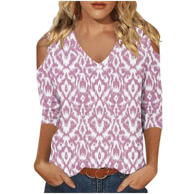 Women's 3/4 Sleeve Tops V Neck Cold Shoulder Loose Blouse Boho Floral Graphic Tees Womens Summer Tops Dressy Casual Pink