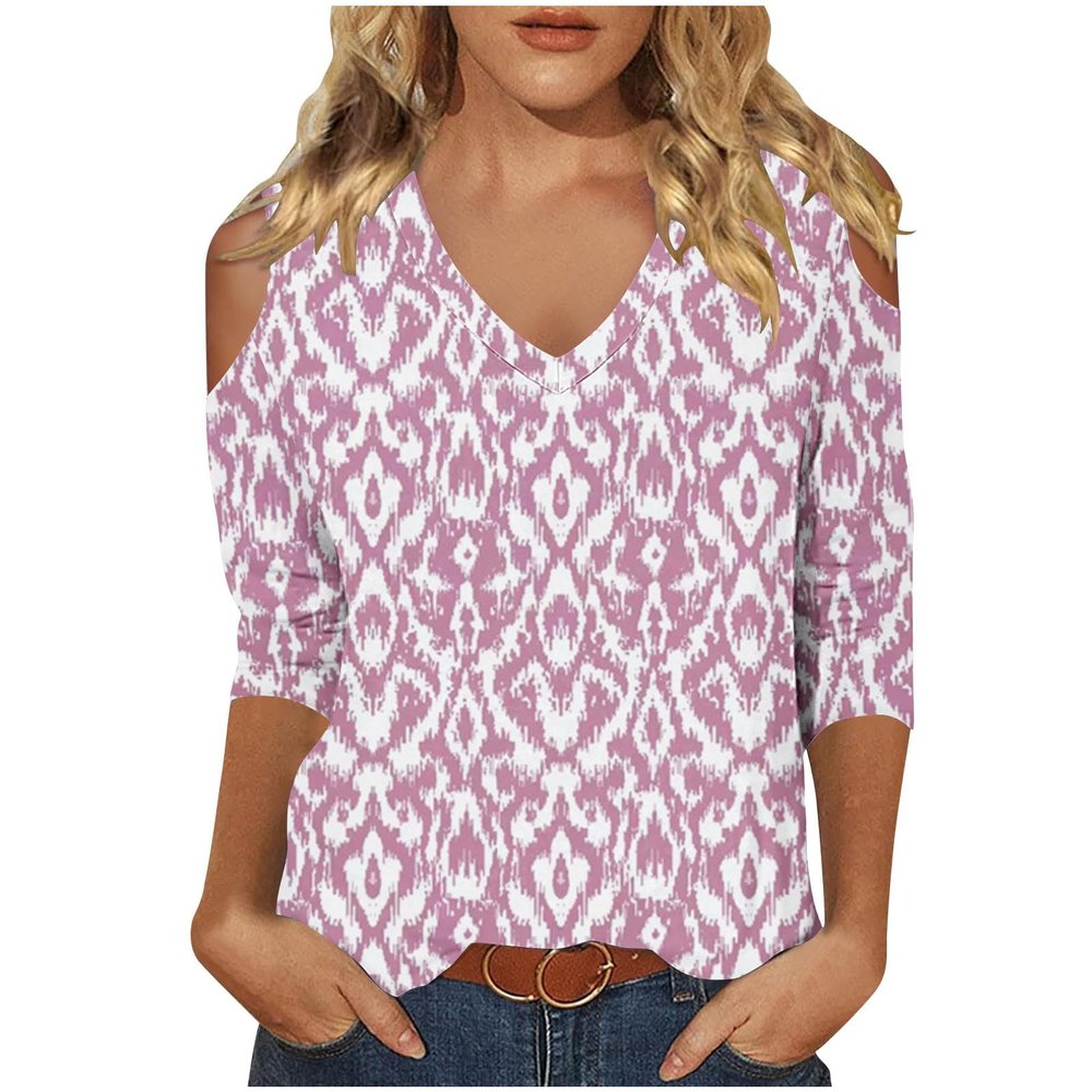 Women's 3/4 Sleeve Tops V Neck Cold Shoulder Loose Blouse Boho Floral Graphic Tees Womens Summer Tops Dressy Casual Pink