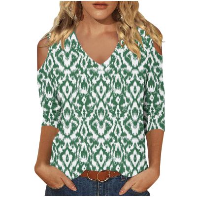 Women's 3/4 Sleeve Tops V Neck Cold Shoulder Loose Blouse Boho Floral Graphic Tees Womens Summer Tops Dressy Casual Green