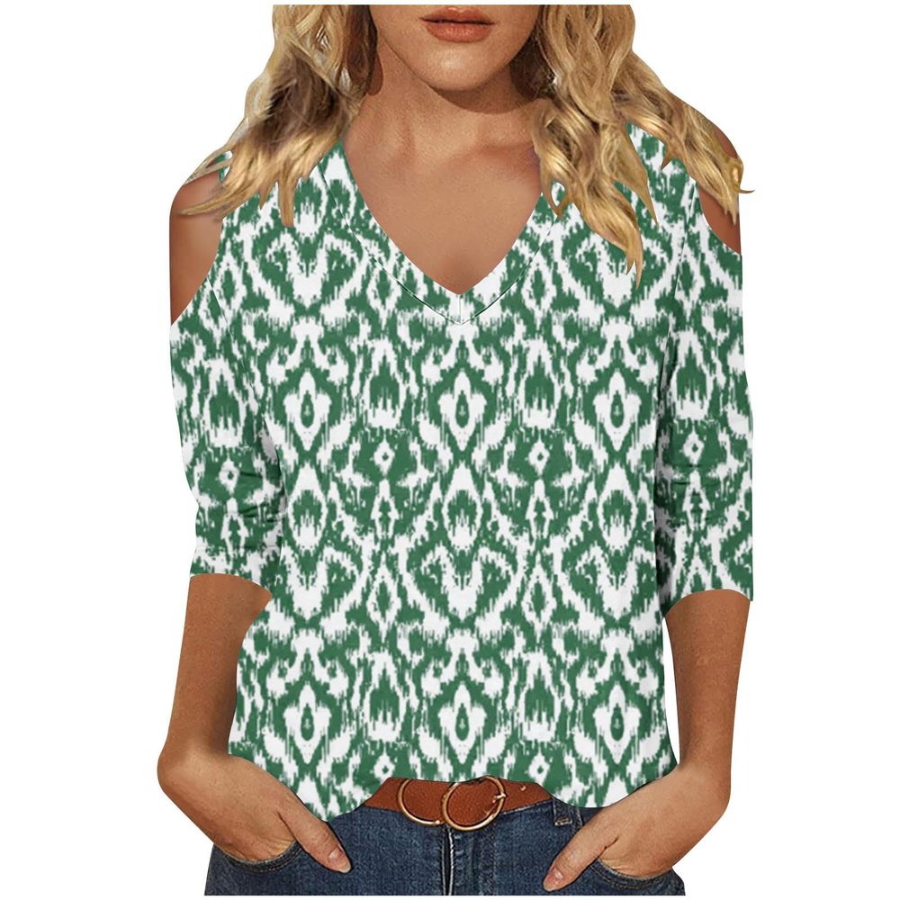 Women's 3/4 Sleeve Tops V Neck Cold Shoulder Loose Blouse Boho Floral Graphic Tees Womens Summer Tops Dressy Casual Green