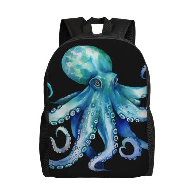 HJTRW Blue Watercolor Octopus Backpack Waterproof Large Capacity Travel Laptop Backpack Casual Daypack For Men Women