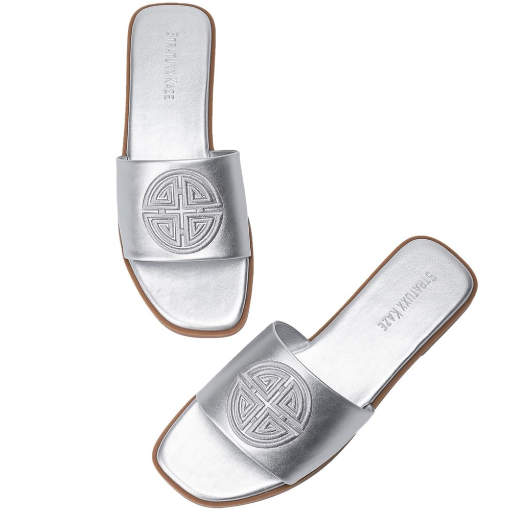 Stratuxx Kaze Womens Flat Sandals Dressy Summer Slide with Memory Foam Comfortable Cute Leather Silver Sandals for Women
