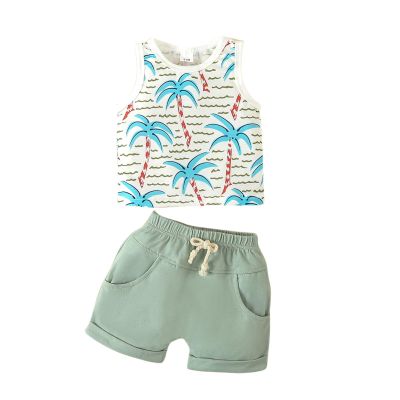 AMIMOJY deals of the day clearance Boys 2024 New Set Hawaiian Summer Clothes Coconut Botanical Sleeveless Tank Toddler Tops Shorts Casual Outfit 2Pcs baby girl outfit fall, 6-12 Months, Light Blue