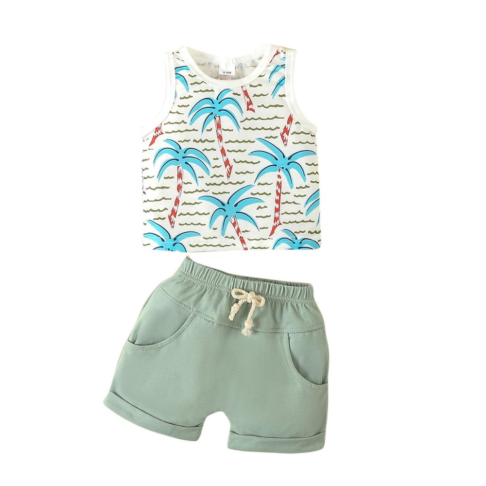 AMIMOJY deals of the day clearance Boys 2024 New Set Hawaiian Summer Clothes Coconut Botanical Sleeveless Tank Toddler Tops Shorts Casual Outfit 2Pcs baby girl outfit fall, 6-12 Months, Light Blue