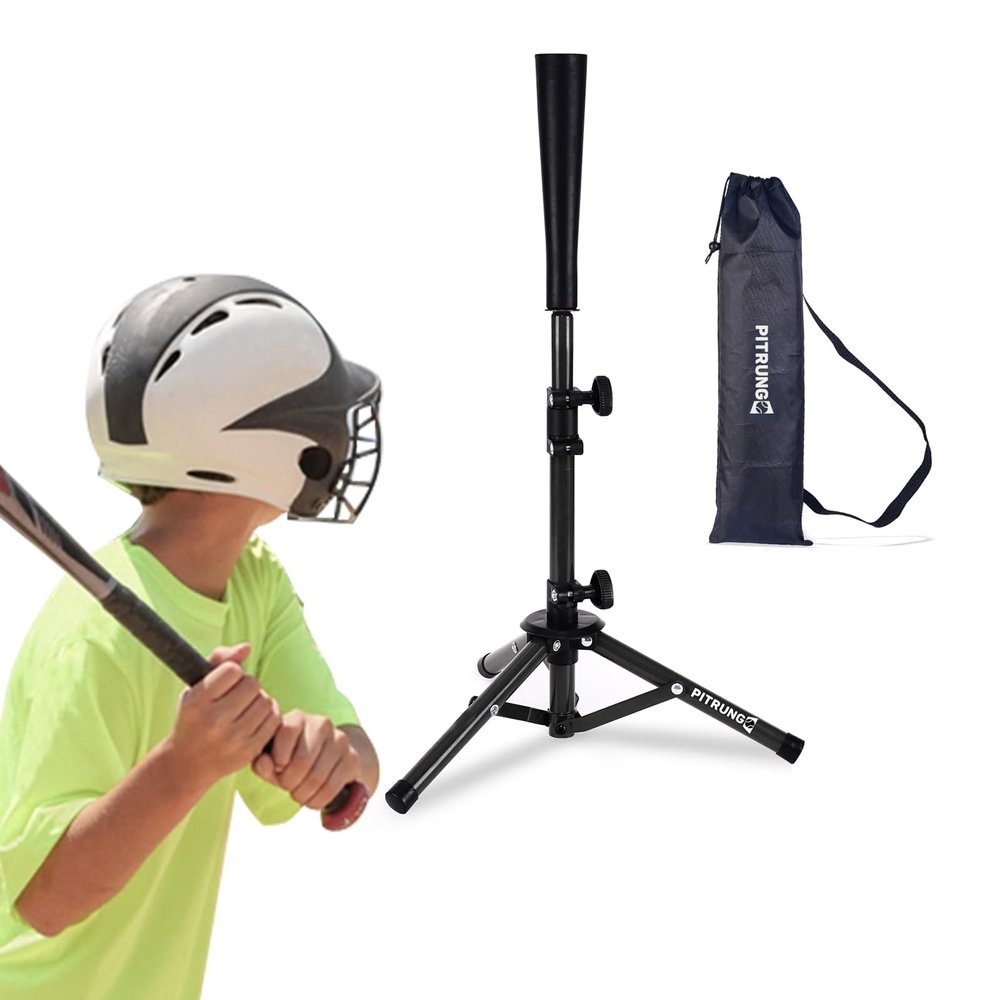 Pitrungo Baseball Softball Batting Tee for Kids Toddles Youth T Tee Ball Set Stand for Hitting Adjustable Tee Height 20.5''-29.5'' Portable w/Carry Bag for Indoor Outdoor (Black)