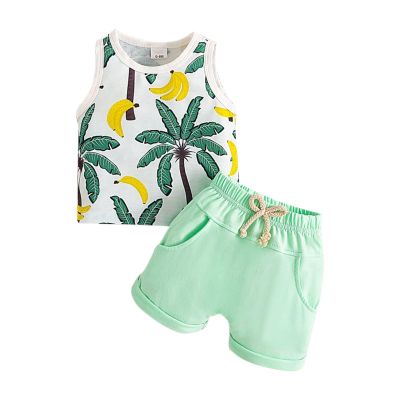 Daily Deals Boys 2024 New Set Hawaiian Summer Clothes Coconut Botanical Sleeveless Tank Toddler Tops Shorts Casual Outfit 2Pcs Cute Baby Girl Clothes for Winter Green, 12-18 Months