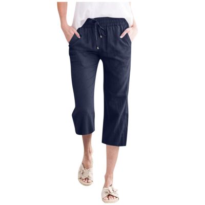 SHAOBGE Women's Plus Size Pants, Placed Recently by Me,Capri Pants for Women Casual 2024 Summer Drawstring Elastic High Waist Linen Pants Straight Wide Leg Lounge Capris1-Navy3X-Large