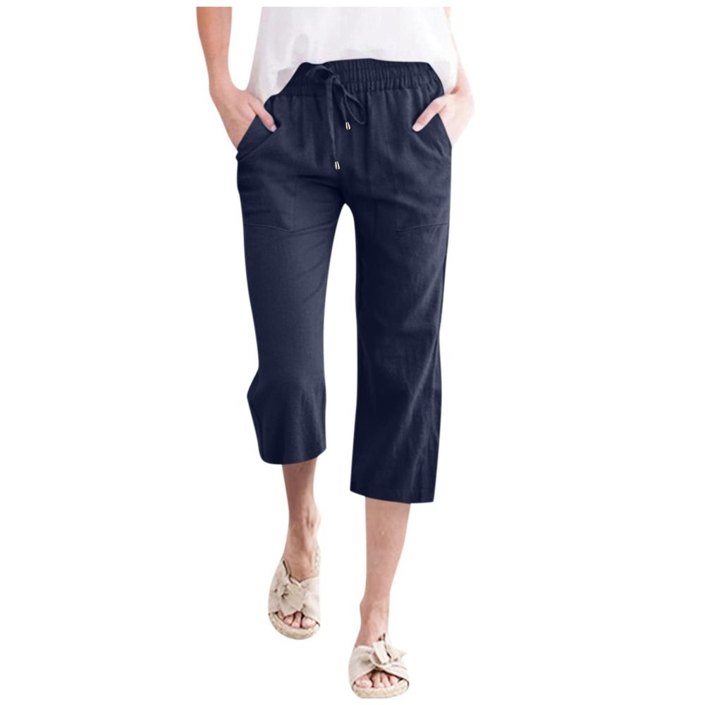 SHAOBGE Women's Plus Size Pants, Placed Recently by Me,Capri Pants for Women Casual 2024 Summer Drawstring Elastic High Waist Linen Pants Straight Wide Leg Lounge Capris1-Navy3X-Large