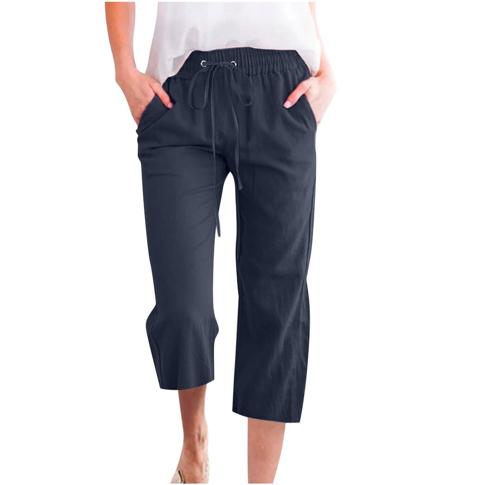 Casual Capri Pants for Women, of Today Prime,Capri Pants for Women Casual 2024 Summer Drawstring Elastic High Waist Linen Pants Straight Wide Leg Lounge Capris2-NavyXX-Large