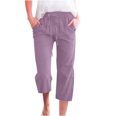 Women's Capri Pants, of Today Prime,Capri Pants for Women Casual 2024 Summer Drawstring Elastic High Waist Linen Pants Straight Wide Leg Lounge Capris5-Watermelon RedXX-Large