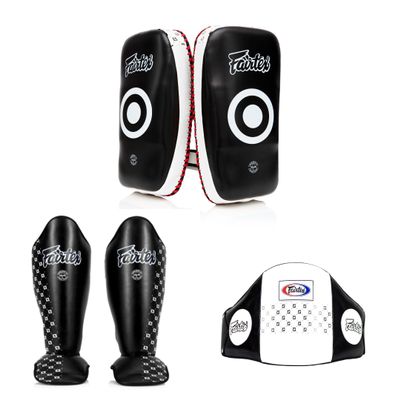 Fairtex KPLC2 Thai Pads Standard + BPV1 Belly Pad Black/White + SP5 Black Small ShinGuard