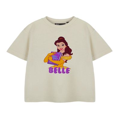 Disney Princess Belle Girls Short Sleeved Graphic Tee | Oatmeal Princess Belle T-Shirt for Kids | Beauty and The Beast Cartoon Apparel Movie Merchandise Gift for Children & Fans