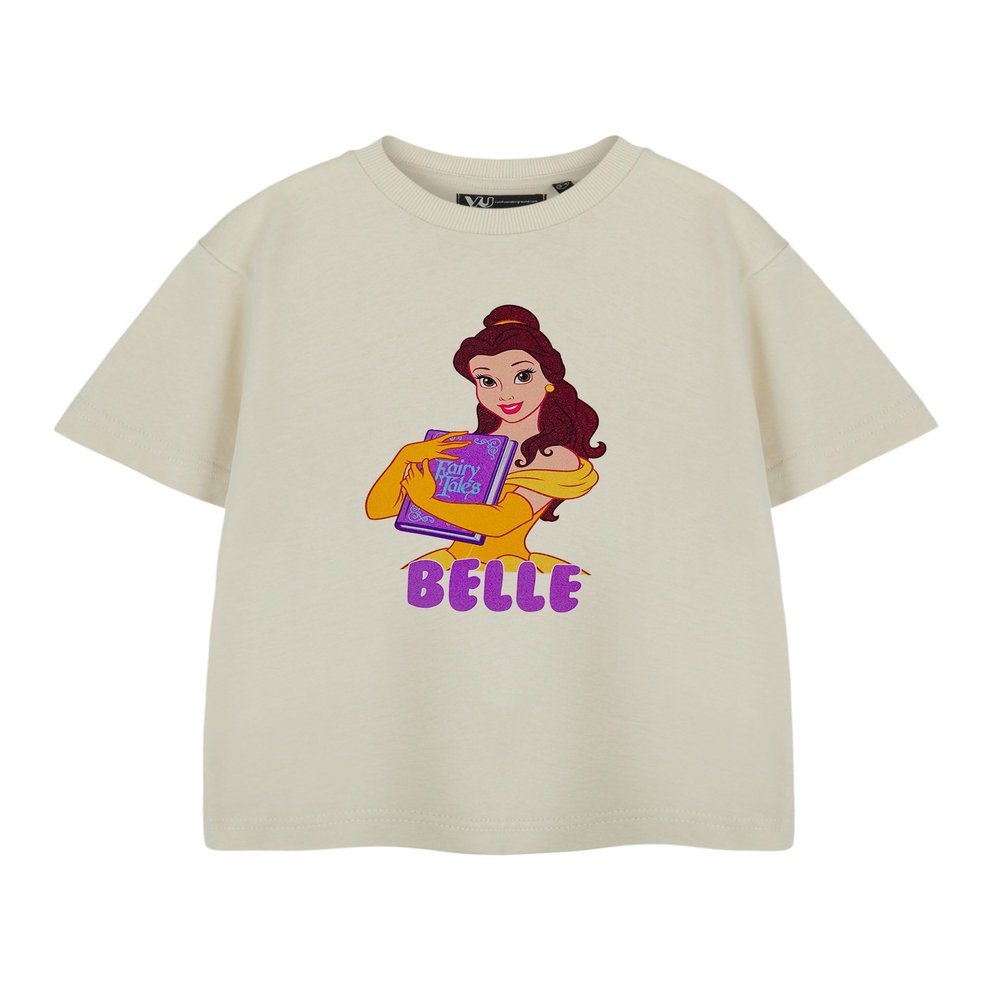 Disney Princess Belle Girls Short Sleeved Graphic Tee | Oatmeal Princess Belle T-Shirt for Kids | Beauty and The Beast Cartoon Apparel Movie Merchandise Gift for Children & Fans