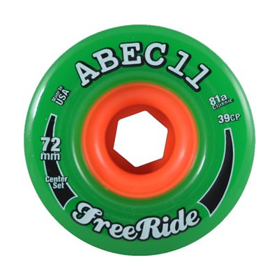 72mm CenterSet Freeride, Skateboard Wheels, Classic Urethane 81a, Green Wheel, Orange HD Core, ABEC11