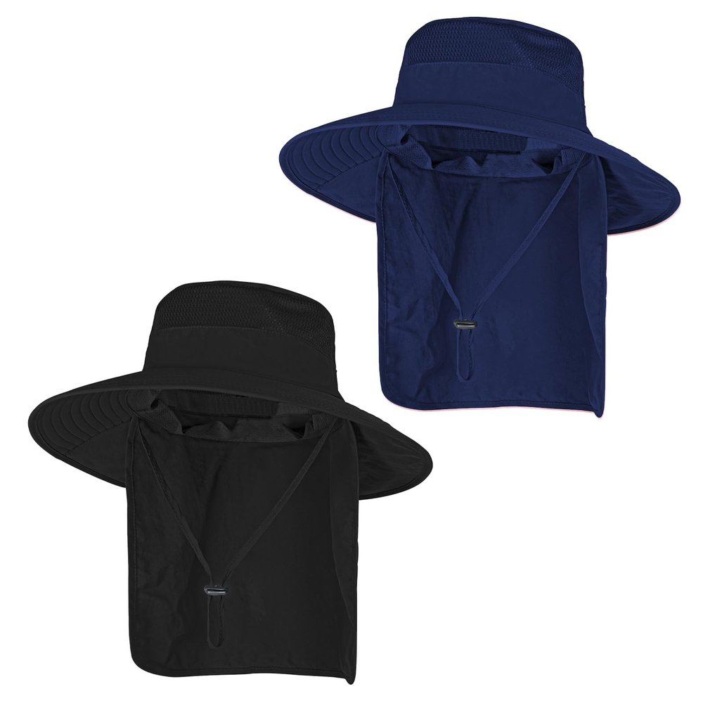 2Pack Sun Hats for Men Women Fishing Hat UPF 50+ Breathable Wide Brim Bucket Hats Summer UV Protection Safari Hat with Neck Flap Black/Navy Blue