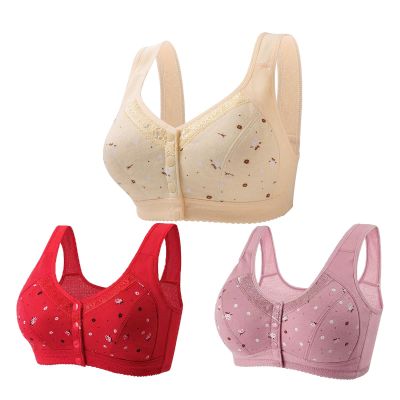3 Pack Front Closure Bra for Older Women Soft Comfortable Daisy Bras No Underwire Wire Easy Close Sports Bra Sleep Bras(F Multicolor,Medium)