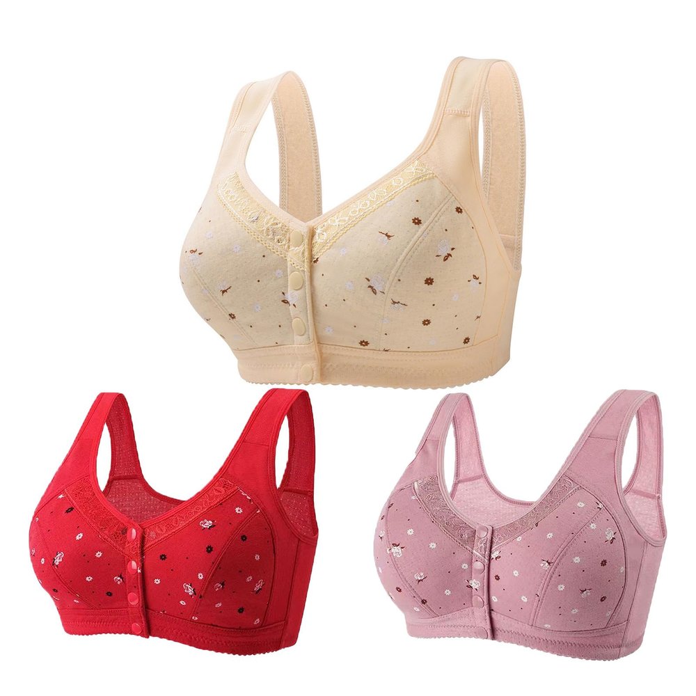 3 Pack Front Closure Bra for Older Women Soft Comfortable Daisy Bras No Underwire Wire Easy Close Sports Bra Sleep Bras(F Multicolor,Medium)