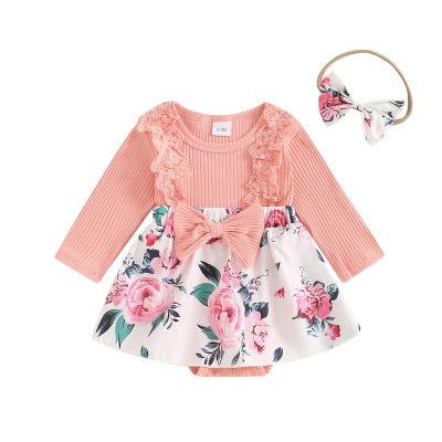 Covvoliy Infant Baby Girl Clothes Long Sleeve Ruffle Romper Dress Fall Winter Print Bow Headband Outfit (Pink, 6-9 Months)
