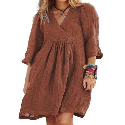 Akivide Womens Summer Flowy Linen V Neck Midi Dress Half Sleeve Pleated Loose Solid Plus Size Casual Beach Tunic Tshirt Dress