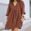 Akivide Womens Summer Flowy Linen V Neck Midi Dress Half Sleeve Pleated Loose Solid Plus Size Casual Beach Tunic Tshirt Dress view 2