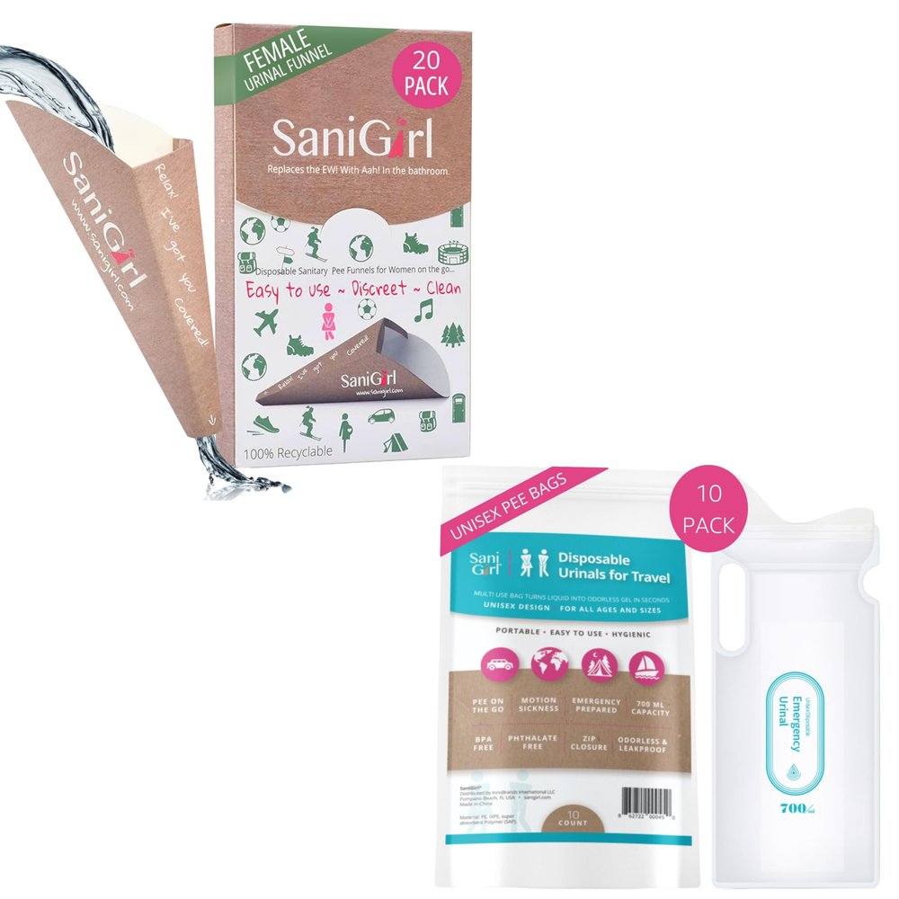 SaniGirl Camping Womens Essentials Bundle - Pack of 20 Disposable Pee Funnels & 10 Pee Bags - Disposable Urine Bags Female Portable Urinal Stand and Pee for Women Adults & Kids