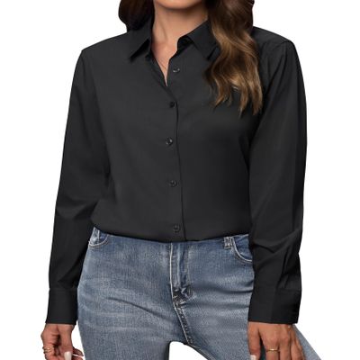 Gleeivy Womens Button Down Shirt Long Sleeve Black Button Up Shirt Women Classic Fit Solid Cotton Work Office Black 3XL