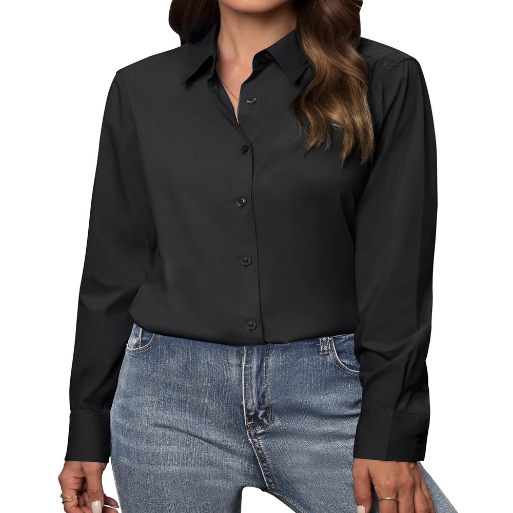 Gleeivy Womens Button Down Shirt Long Sleeve Black Button Up Shirt Women Classic Fit Solid Cotton Work Office Black 3XL