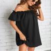 METOES Women's 2024 Summer Short Sleeve Short Dress Off Shoulder Frill Trim Dress Black, Small view 3