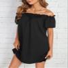 METOES Women's 2024 Summer Short Sleeve Short Dress Off Shoulder Frill Trim Dress Black, Small view 4