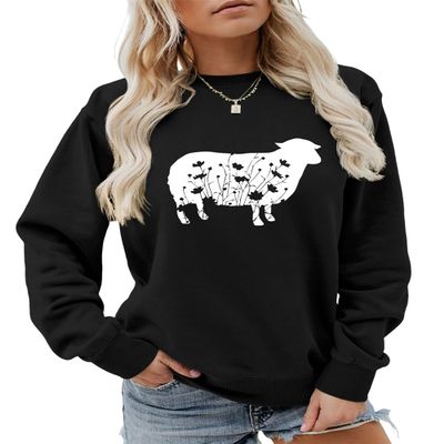 Hadomaki Sheep Flower Sweatshirt Funny Graphic Farm Life Sweater Women Casual Crewneck Farmer Pullover Tops Sheep Lover Gift Black