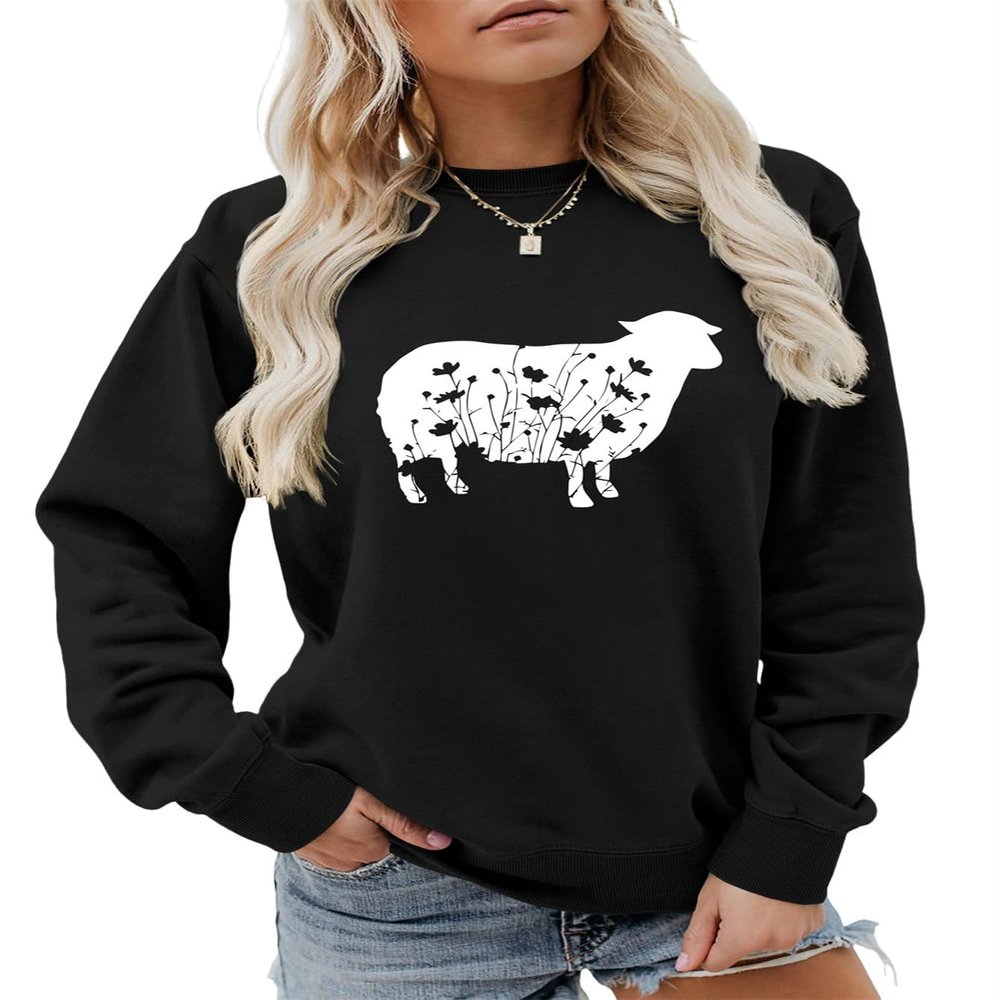 Hadomaki Sheep Flower Sweatshirt Funny Graphic Farm Life Sweater Women Casual Crewneck Farmer Pullover Tops Sheep Lover Gift Black
