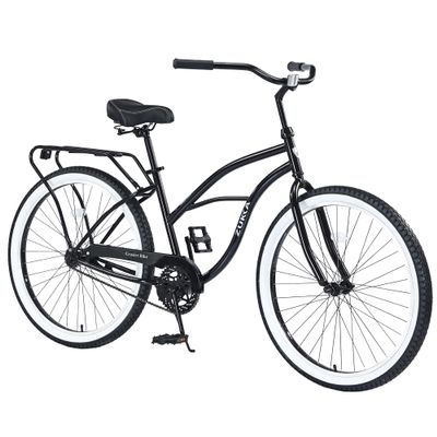 BALINGE 26 Inch Beach Cruiser Bike for Men, City Hybrid Bike Single Speed Steel Frame Commuter Bike for Women Men Senior,Height-Adjustable Leather Saddle, Black