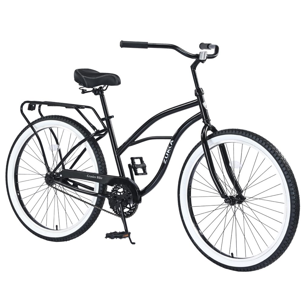 BALINGE 26 Inch Beach Cruiser Bike for Men, City Hybrid Bike Single Speed Steel Frame Commuter Bike for Women Men Senior,Height-Adjustable Leather Saddle, Black