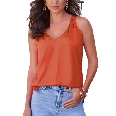 REPALY Summer Women Satin Tank Top, Sexy V-Neck Sleeveless Basic Sling Shirt for Office Home Wear(Color:Orange,Size:Small)